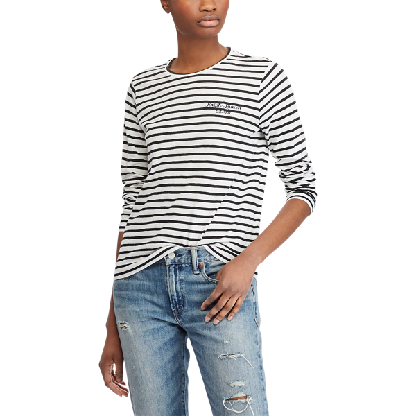 Gestreiftes Langarm-T-Shirt Polo Ralph Lauren in Deckbeizen-Wei&szlig;/Polo-Schwarz 4