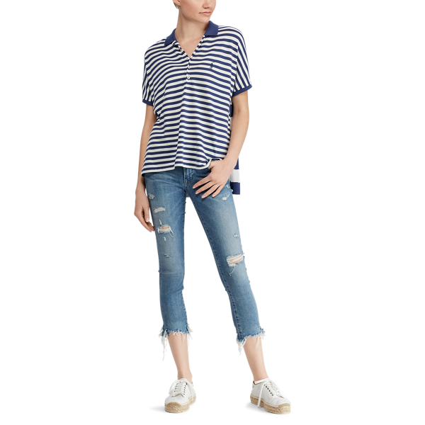 Deckwash White/Light Navy Striped Poncho Mesh Polo Shirt Polo Ralph Lauren 3