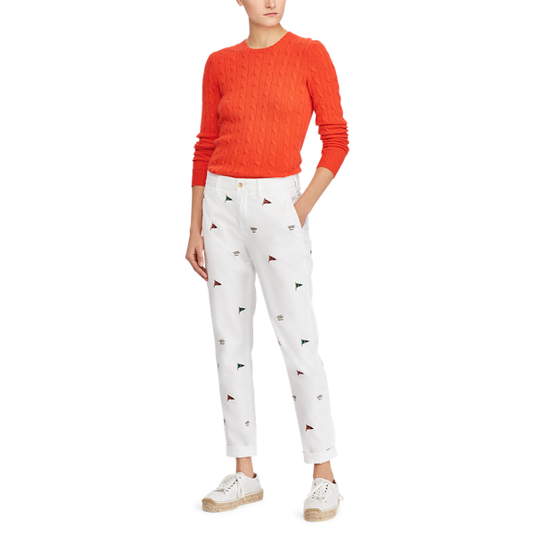 Embroidered Twill Cropped Pant Polo Ralph Lauren in White W/ Emb 3