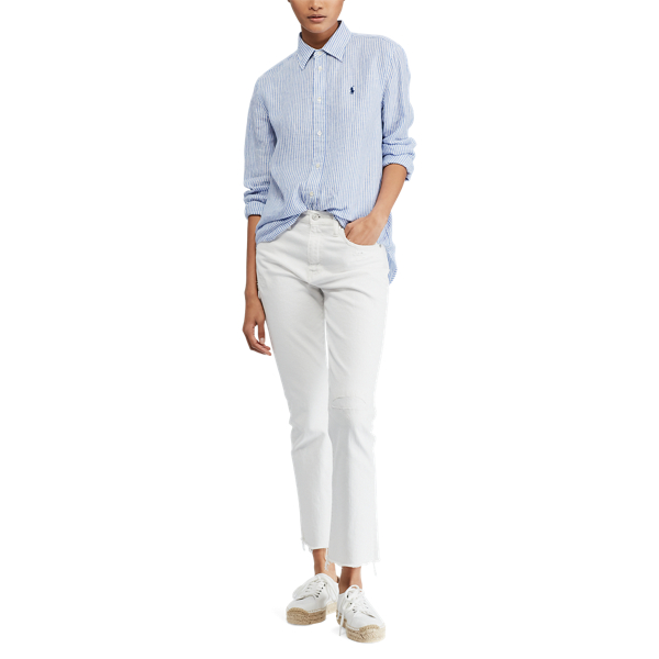 Maidstone Blue/White Relaxed Striped Linen Shirt Polo Ralph Lauren 4