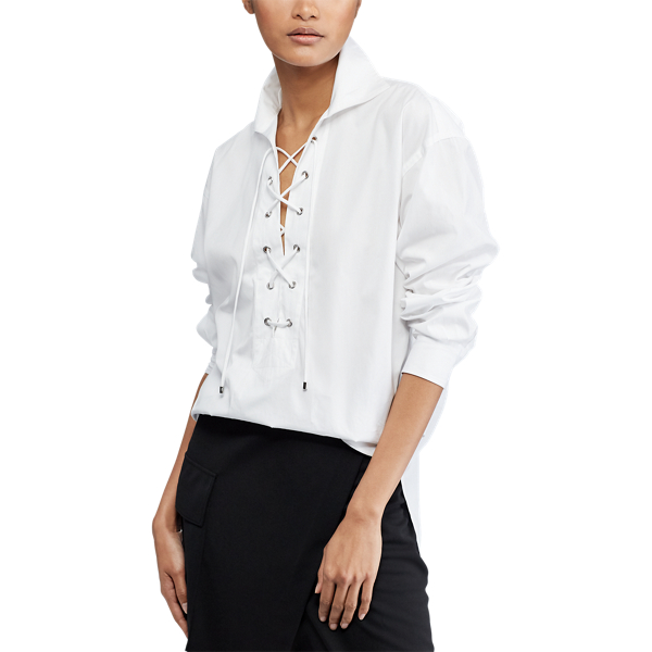 White Lace-Up Broadcloth Shirt Polo Ralph Lauren 4
