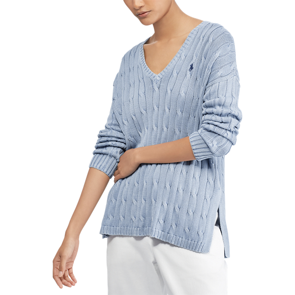 Maglia a V in cotone a trecce Polo Ralph Lauren in Chambray 5