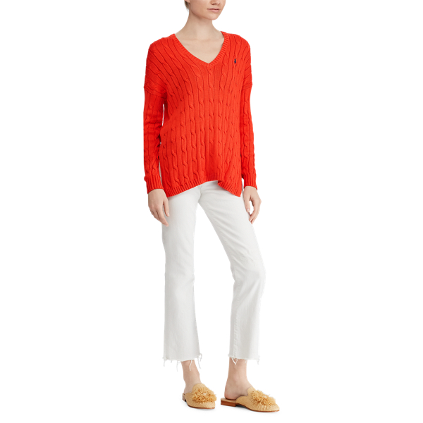 Tomato Cable Cotton V-Neck Sweater Polo Ralph Lauren 4