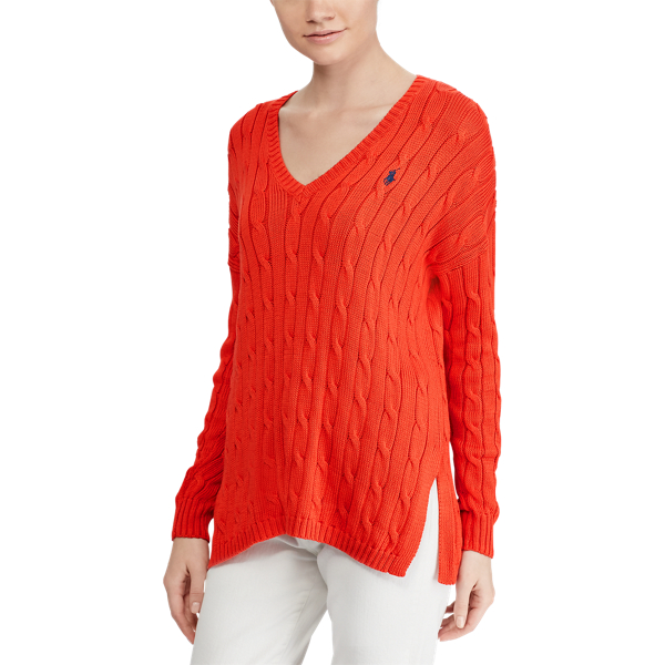 Tomato Cable Cotton V-Neck Sweater Polo Ralph Lauren 5