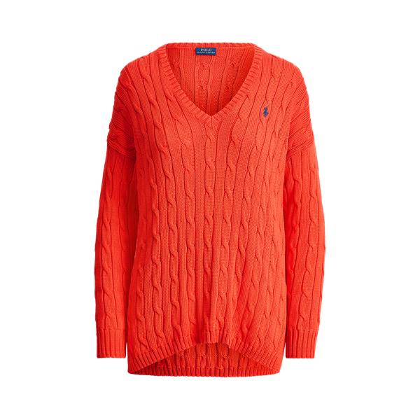 Tomato Cable Cotton V-Neck Sweater Polo Ralph Lauren 2