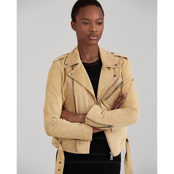 Lauren Ralph Lauren Women's Suede Moto Jacket online Tan Biker Full Zip Women's Sz M