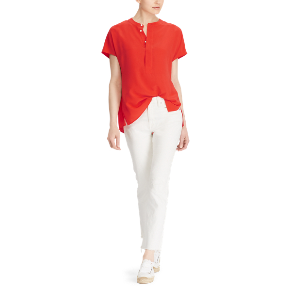 Tomato Band-Collar Silk Crepe Blouse Polo Ralph Lauren 3