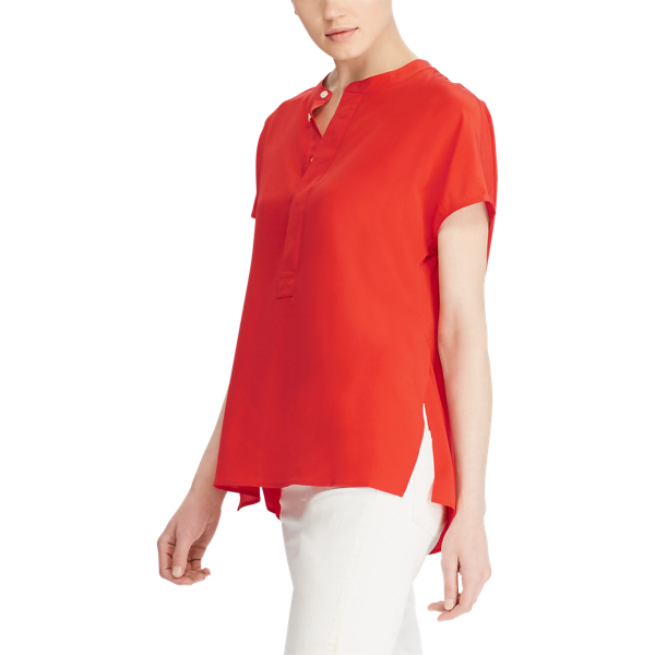 Tomato Band-Collar Silk Crepe Blouse Polo Ralph Lauren 4
