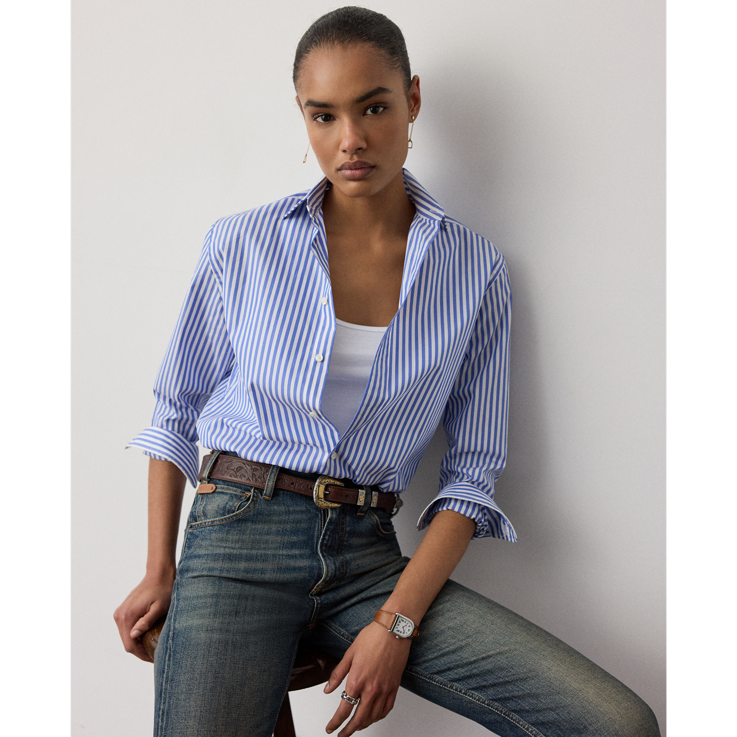 Женская рубашка Ralph Lauren Adrien Relaxed Fit Striped Cotton, цвет: Белый / Синий — фото 5