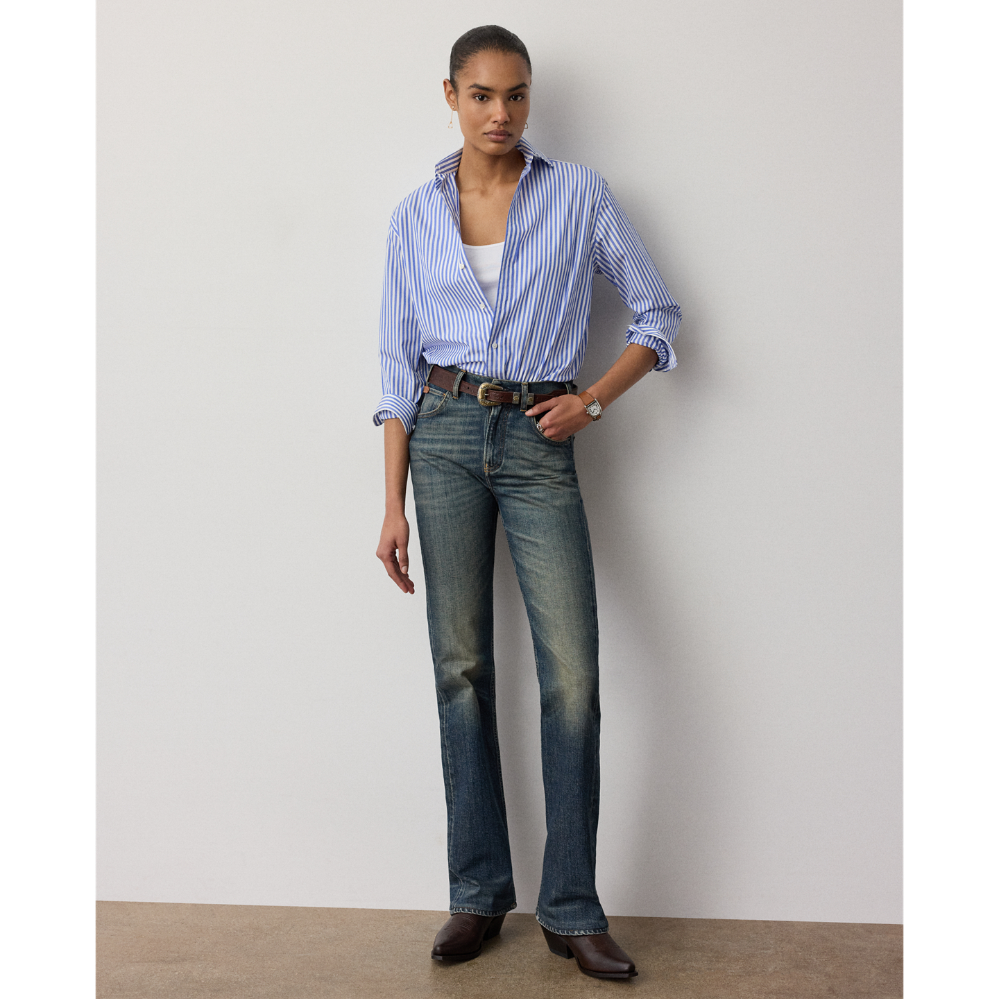 Женская рубашка Ralph Lauren Adrien Relaxed Fit Striped Cotton, цвет: Белый / Синий — фото 1