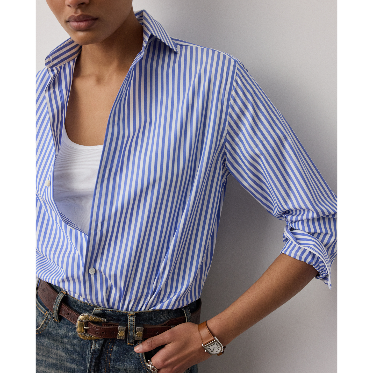 Женская рубашка Ralph Lauren Adrien Relaxed Fit Striped Cotton, цвет: Белый / Синий — фото 3