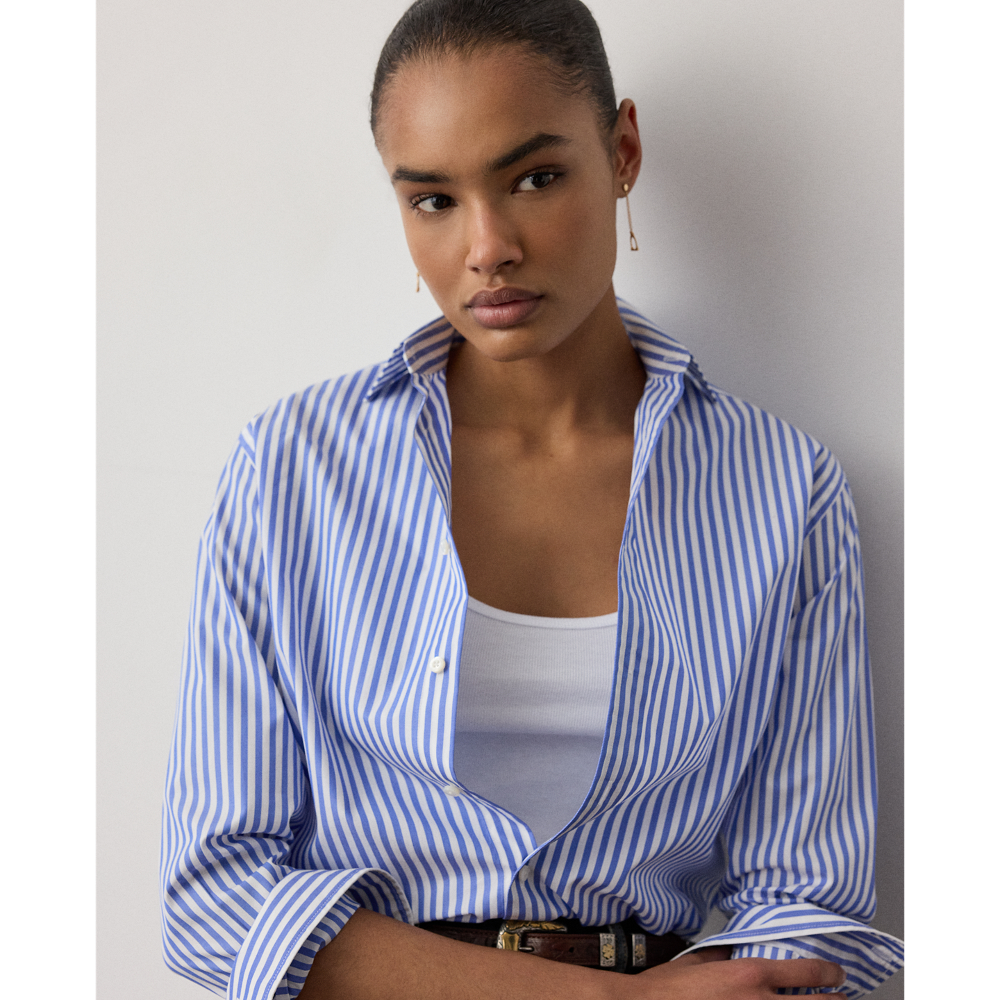 Женская рубашка Ralph Lauren Adrien Relaxed Fit Striped Cotton, цвет: Белый / Синий — фото 4