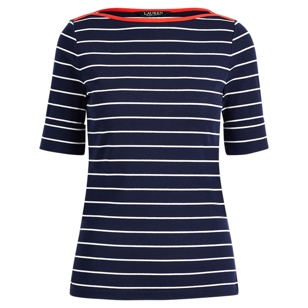 Navy/White Striped Cotton Boatneck Top Lauren 1