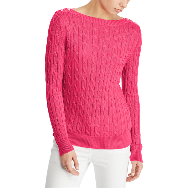Pink Poppy Button-Shoulder Cable Sweater Lauren 3