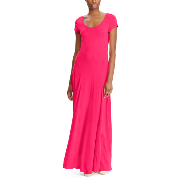 Maxi robe jersey encolure d&eacute;gag&eacute;e Lauren en Coquelicot rose 2