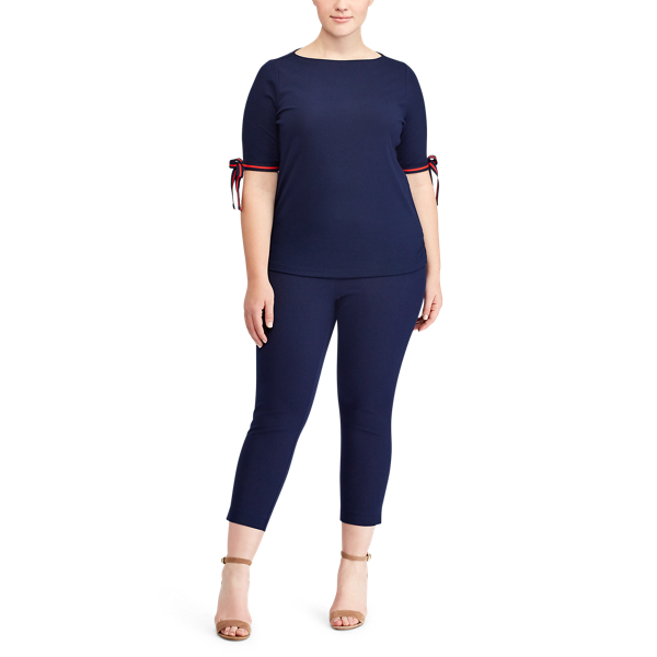 Navy Tie-Sleeve Cotton Top Lauren Woman 2