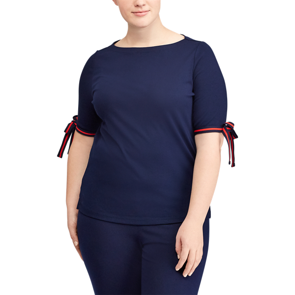 Navy Tie-Sleeve Cotton Top Lauren Woman 3