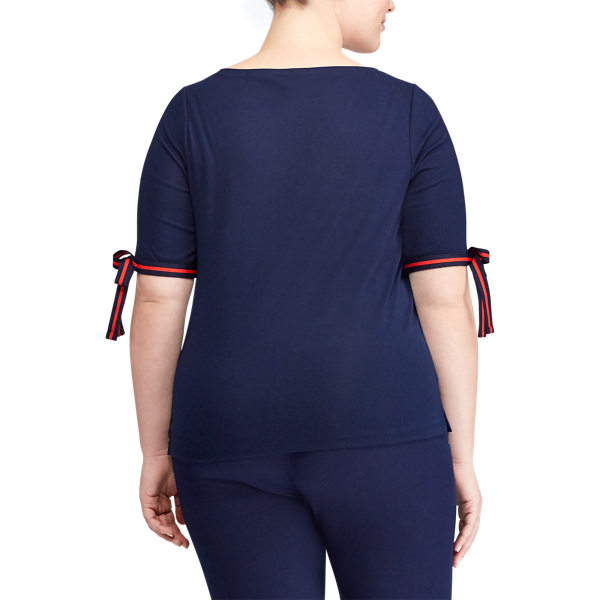 Navy Tie-Sleeve Cotton Top Lauren Woman 4