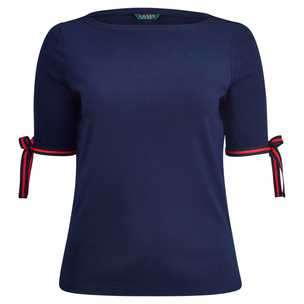Navy Tie-Sleeve Cotton Top Lauren Woman 1
