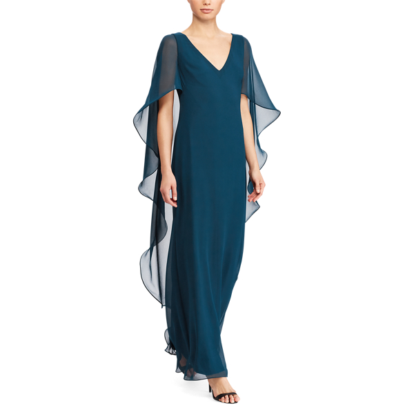 Iconic Teal Ruffled Georgette Cape Gown Lauren 2