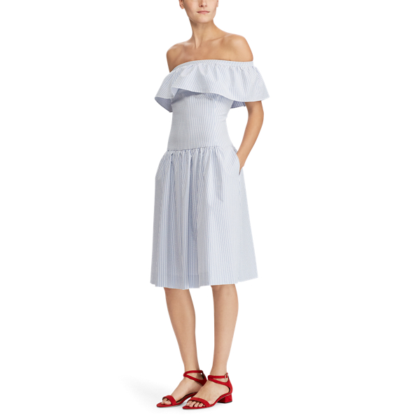 White/Blu Striped Off-the-Shoulder Dress Lauren 2