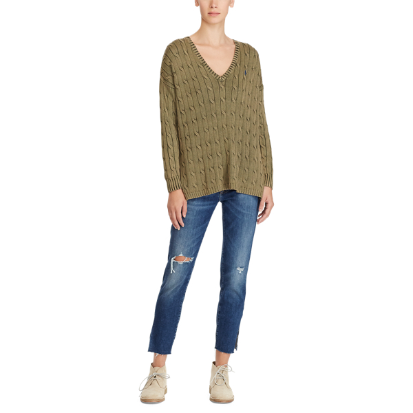 Olive Cable Cotton V-Neck Sweater Polo Ralph Lauren 2