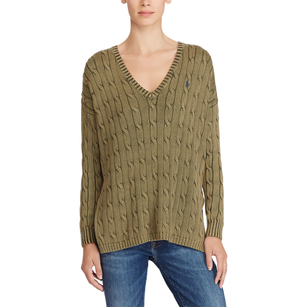 Olive Cable Cotton V-Neck Sweater Polo Ralph Lauren 3
