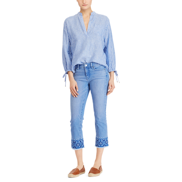 Blue/White Band-Collar Linen Shirt Lauren 2