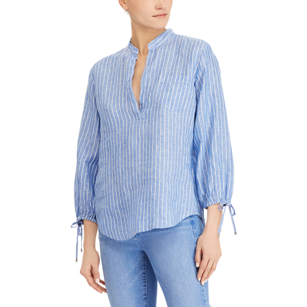 Blue/White Band-Collar Linen Shirt Lauren 3