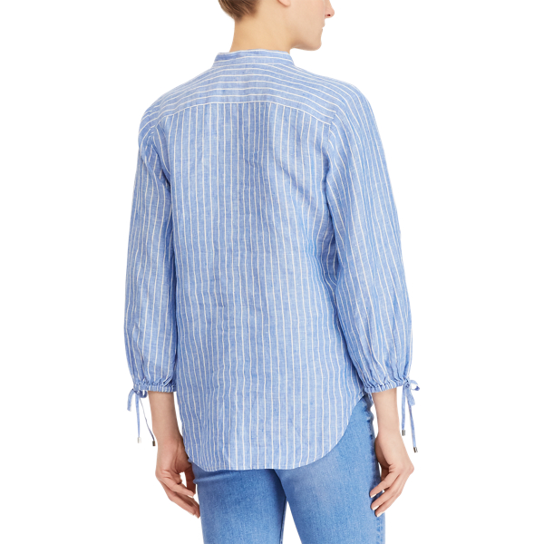 Blue/White Band-Collar Linen Shirt Lauren 4