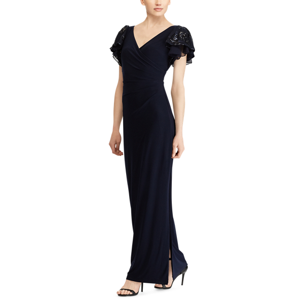 Jersey Flutter-Sleeve Gown