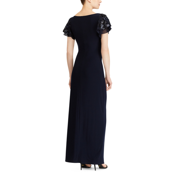 Lh Nvy/Navy/Nvy Shine Jersey Flutter-Sleeve Gown Lauren 4