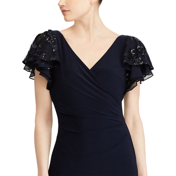 Lh Nvy/Navy/Nvy Shine Jersey Flutter-Sleeve Gown Lauren 5