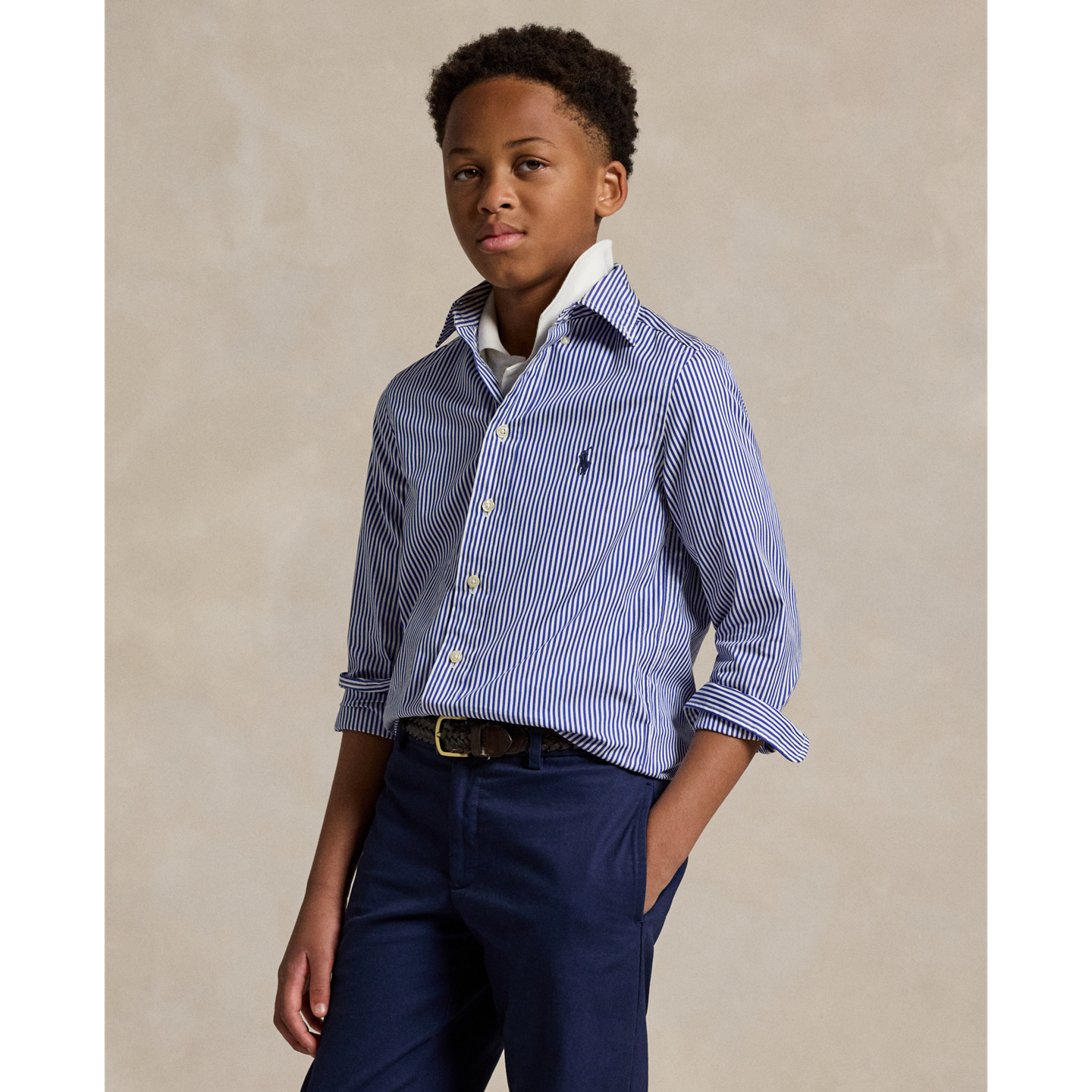 Детская рубашка Ralph Lauren Slim Fit Striped Cotton Dress Shirt, цвет: Тёмно-синий разноцветный — фото 4