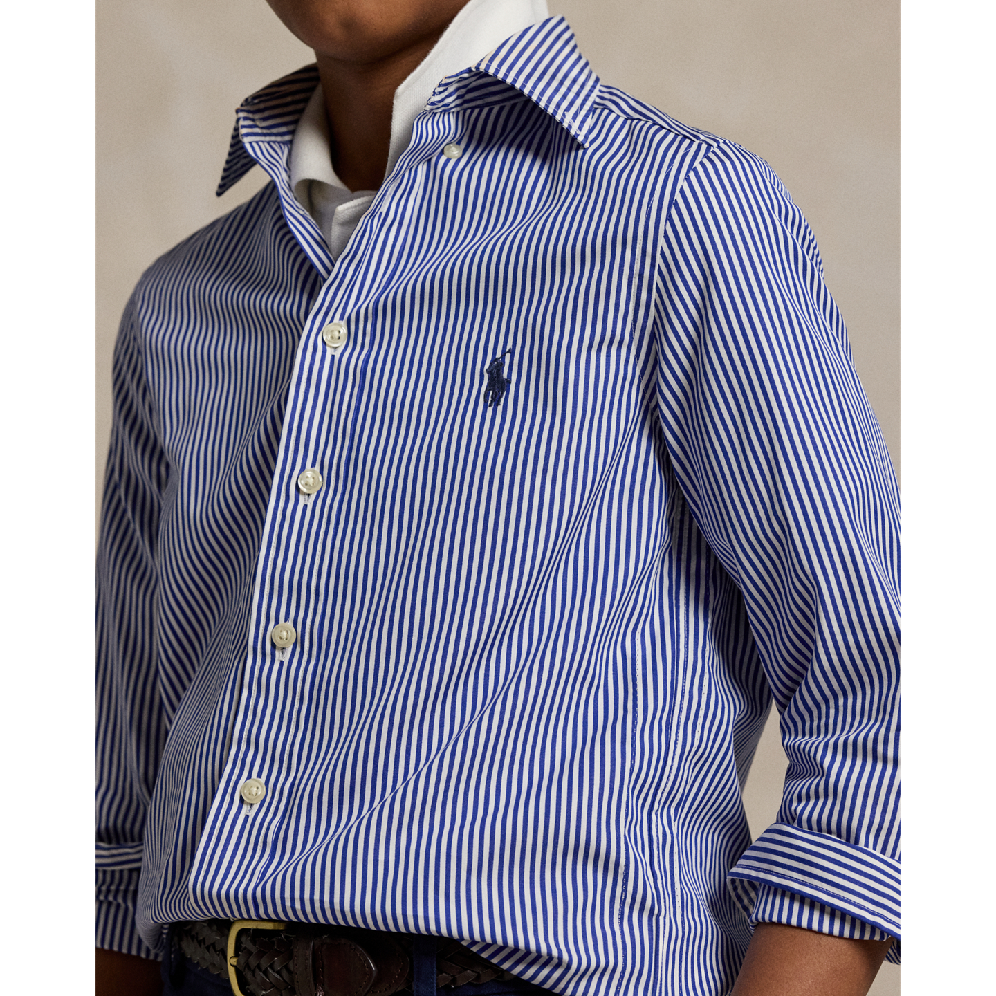 Детская рубашка Ralph Lauren Slim Fit Striped Cotton Dress Shirt, цвет: Тёмно-синий разноцветный — фото 3