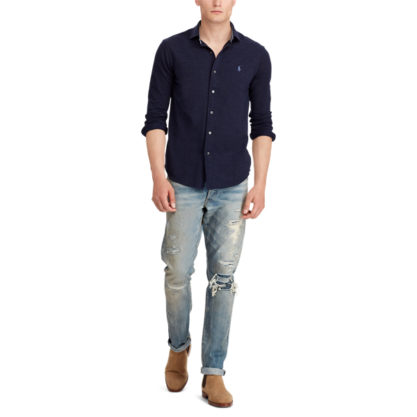 Chemise ultra cintr&eacute;e coton piqu&eacute; Polo Ralph Lauren en Bl marine hivernal chin&eacute; 4