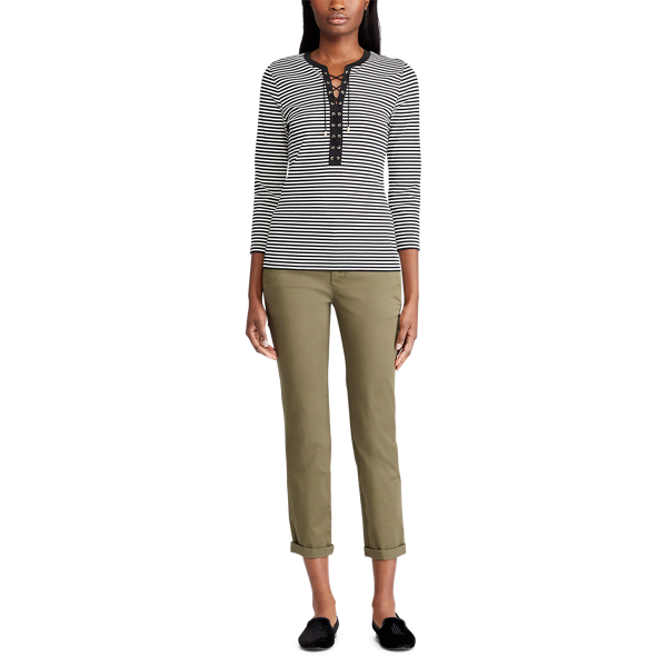 Polo Black/Cream Lace-Up Striped Cotton Top Lauren 3