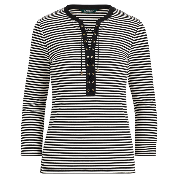 Polo Black/Cream Lace-Up Striped Cotton Top Lauren 1