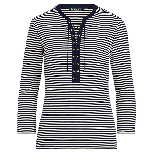 Navy/Mascarpone Cream Lace-Up Striped Cotton Top Lauren 1