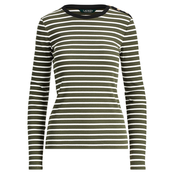 Admiral Green/Cream Striped Stretch Cotton Top Lauren 1