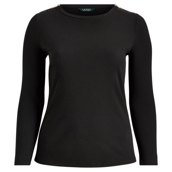 Zipper-Trim Cotton-Blend Top Lauren Woman 1