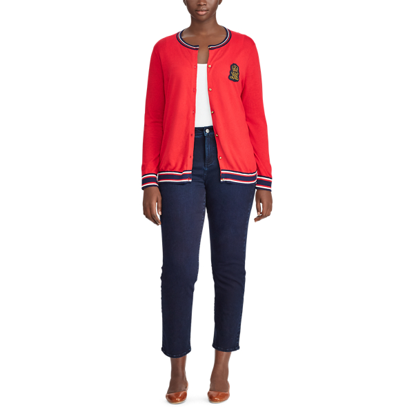 Crimson/Multi Bullion-Patch Cotton Cardigan Lauren Woman 3
