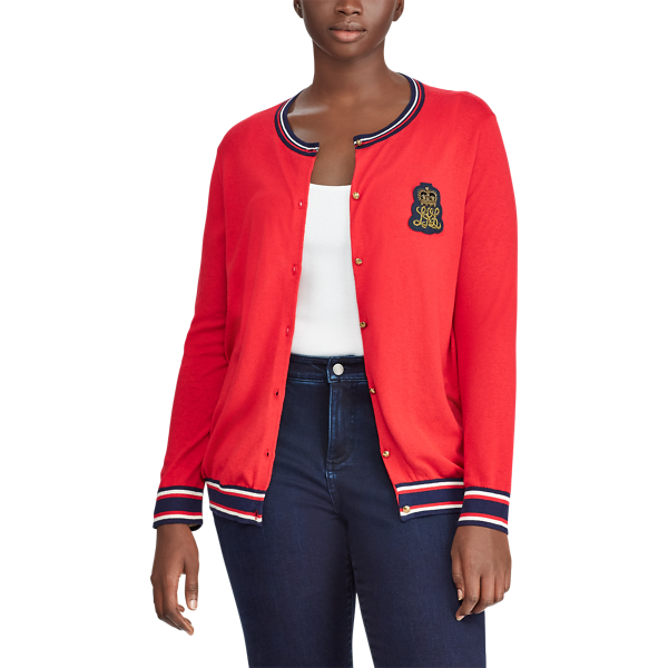 Crimson/Multi Bullion-Patch Cotton Cardigan Lauren Woman 4