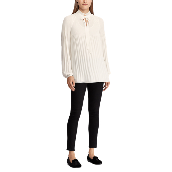 Mascarpone Cream Georgette Tie-Neck Top Lauren 2
