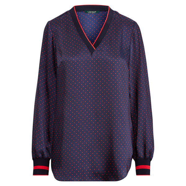 Navy/Crimson Striped-Trim Print Top Lauren 1
