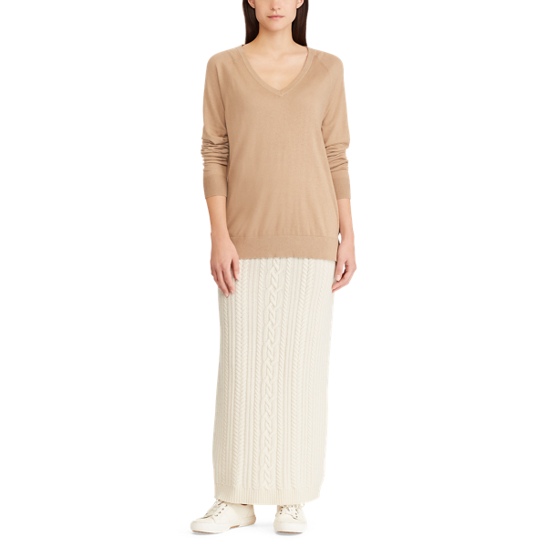 Mascarpone Cream Cable Wool-Cashmere Midi Skirt Lauren 2