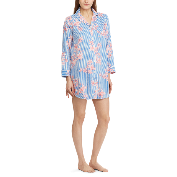Blue/White Strp W Floral Paisley Sateen Sleep Shirt Lauren 2