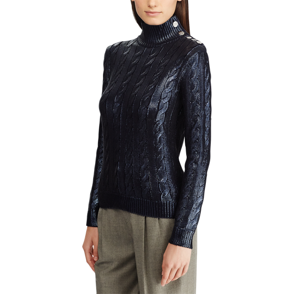 Night Blue Silk Cable Turtleneck Sweater Ralph Lauren Collection 5