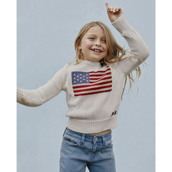 Parchment Cream Flag Cotton Crewneck Sweater Girls 2-6x 3