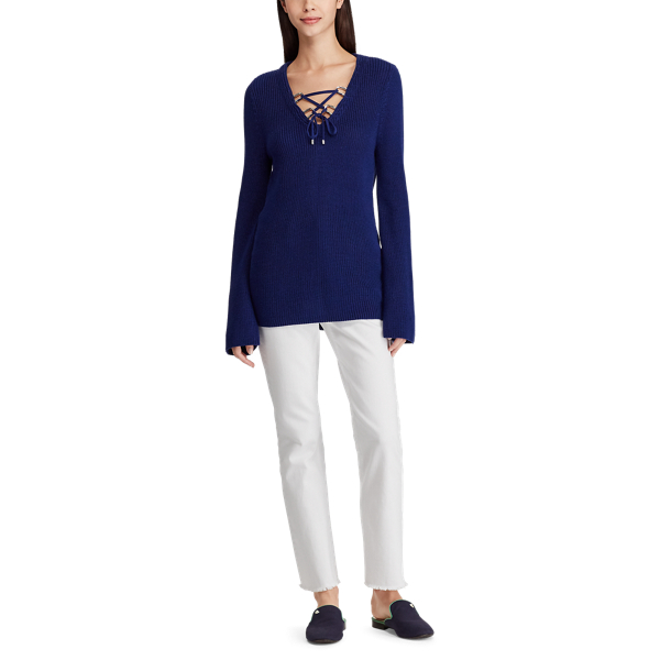 Rich Sapphire Lace-Up Cotton-Blend Sweater Lauren 3
